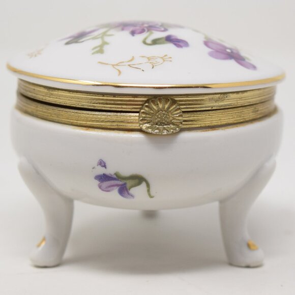 VTG Trinket Box Footed Purple Violets Porcelain Hand Painted Gold Hinge Round - Picture 1 of 16